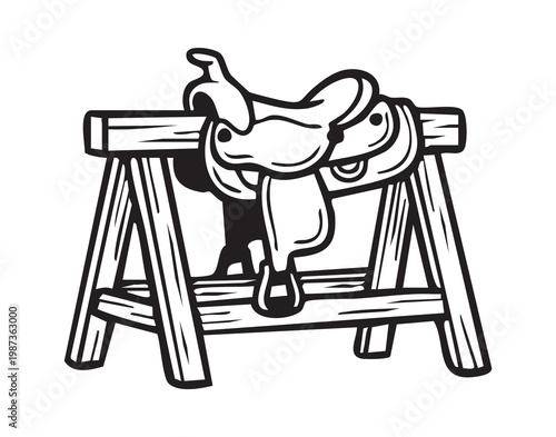 Workroom setting with aged leather saddle. Scene showing repairfocused workshop with weathered leather saddle. Equestrian craft environment highlighting vintage leather saddle on support frame