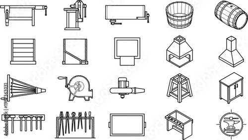 A detailed graphic outline of industrial tools, machinery and equipment.