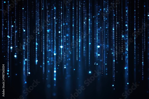 Blue glowing digital particles cascade against a dark background