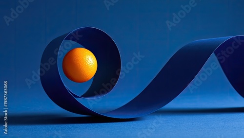 Round orange fruit held within a dark blue flowing ribbon