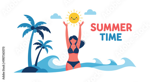 Summer time holiday concept with a woman in a bikini standing in the sea with palm trees and a smiling sun in the background.