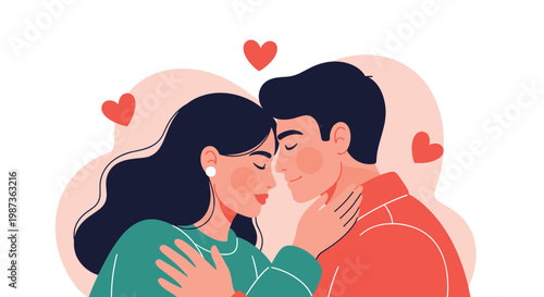 Romantic illustration of a couple in a close embrace with their eyes closed and red hearts floating around them.