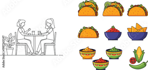 Mexican food vector set with tacos nachos guacamole bowls corn ingredients and couple dining scene hand drawn and colorful illustration isolated for restaurant design