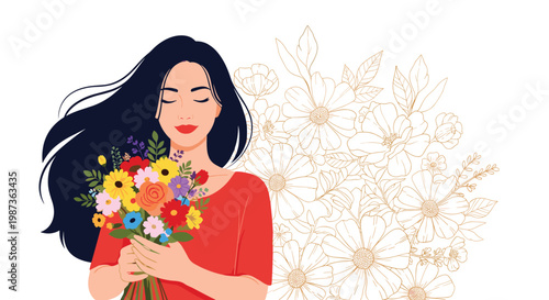 Beautiful woman with long dark hair closing her eyes and holding a colorful bouquet of flowers in her hands.