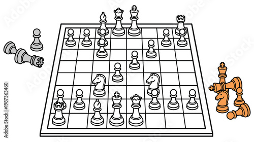 Chess board vector illustration with pieces arranged for game play.