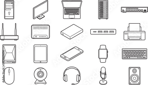 An organized array of modern technological components arranged methodically, illustrating the essential tools that define today's digital environment.