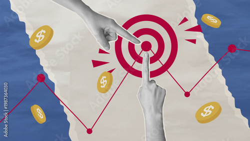 Business target achievement and financial growth concept in trendy halftone collage style. Financial growth reaching business target concept. Vector