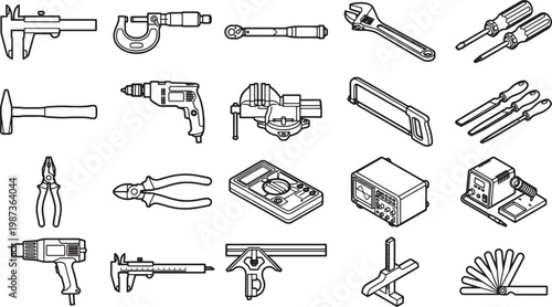 A comprehensive collection of industrial tools, expertly captured in a line art style, showcasing the precision and functionality of each instrument for various industrial tasks.