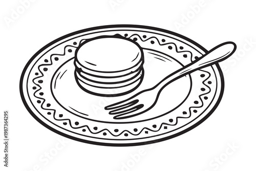 Stack of pancakes on ornate plate with fork, goldenbrown layered breakfast served hot, syrupready surface and cozy morning vibe, casual brunch scene and comforting homemade food styling