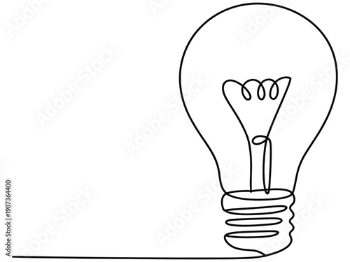 A single continuous line drawing illustrates an iconic light bulb with its filament glowing brightly symbolizing creativity and innovation