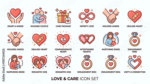 A collection of outlined icons with colorful accents, depicting various facets of love, care, and human relationships, including affection, support, and emotional connection