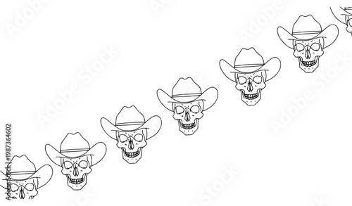 Outline cowboy skull silhouettes diagonal vector set with western gothic line design
