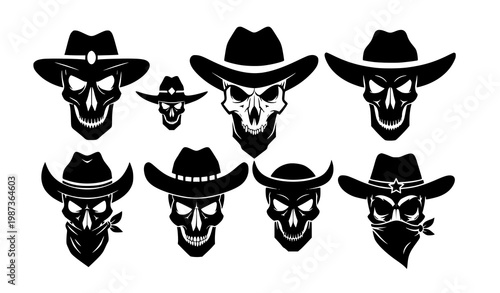 Bold cowboy skull silhouettes square composition vector set with western gothic design