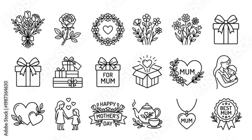 Collection of Mother's Day icons featuring gifts, hearts, flowers, and a mother holding her child