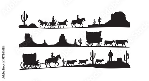 Wild west landscape silhouette set with cowboy riders covered wagon desert scenery cactus and rocky mountains background.