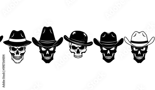 Cowboy skull silhouettes horizontal lineup vector with western gothic character variations