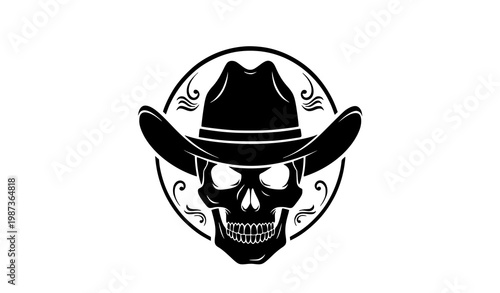 Cowboy skull silhouette circular vector with western gothic hat design for vintage style