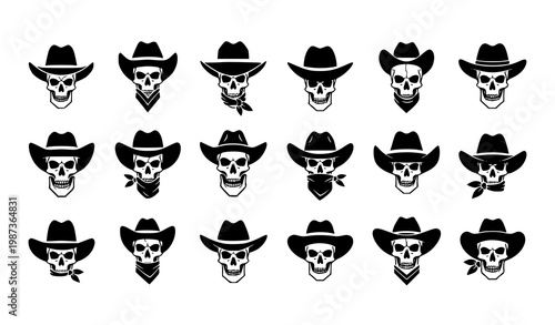 Cowboy skull silhouette icon grid vector set with western gothic themed designs