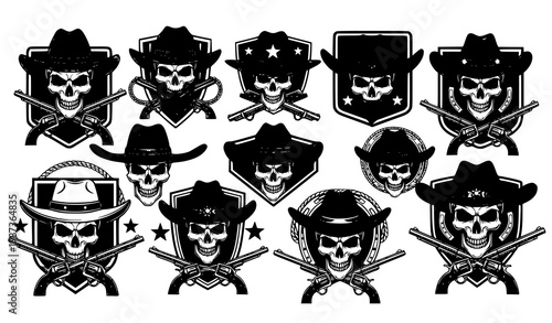Cowboy skull silhouette badges vector set with western gothic emblem designs