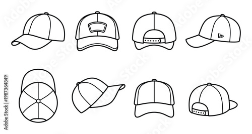 Baseball cap outline icons set headwear line art vector illustration on transparent background web