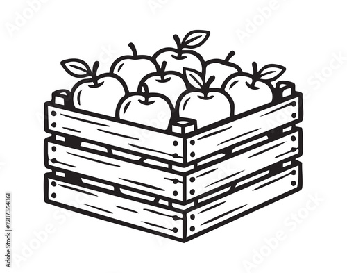 Wooden crate packed with red apples, glossy skins and stems, scattered leaves, marketready produce, rustic farm setting, bright natural light conveying harvest and wholesome snack appeal