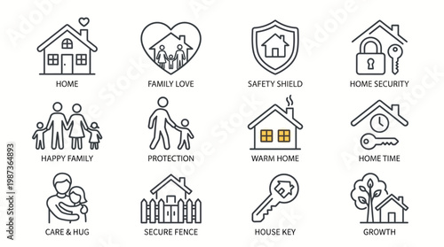 Home and Family Icons Love, Security, and Growth Symbols for a Safe and Happy Life