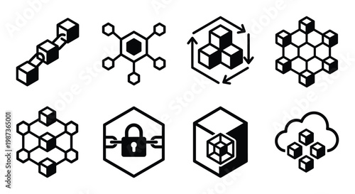 Blockchain network icons cube hexagonal link chain security cloud storage symbols isolated vector