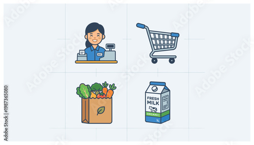 Grocery shopping icons with cart and produce.