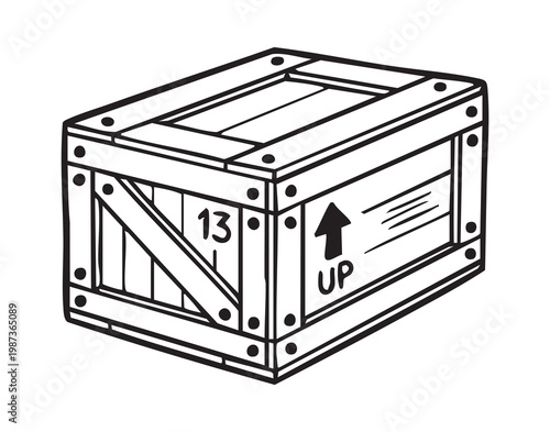 Wooden crate sketch box with up arrow marking stencil, reinforced crossbrace panels, visible nails, rustic texture, monochrome line drawing conveying cargo, storage, packaging and transport concept