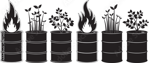 Barrels with growing plants and fire black and white environment industry pollution transition contrast illustration silhouette alternative biodiversity seedling temperate resource
