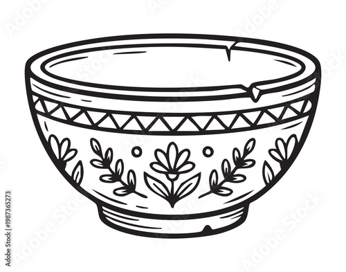 Etching style decorative bowl with pattern, ceramist portfolio element showcasing folk motif and cracked rim detail, lineart sketch suggests artisan tableware and ethnic craftsmanship, isolated