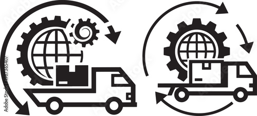 Logistics and global delivery icon set with logistics delivery transport mechanism industry shipping illustration business automation technology movement rotation