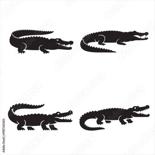 Set of cartoon crocodile and reptile silhouettes including alligator, lizard, and wildlife animal icons isolated on a white background vector illustration