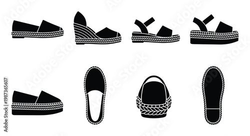 Collection of espadrille shoes and sandals, woven sole footwear on transparent background