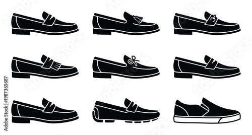 Collection of different men's formal and casual loafer shoes black silhouette vector
