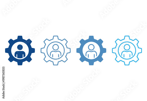 Gears with people icons turning in a business setting indoors closely