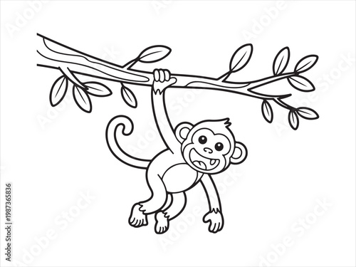 Photos A simple line art drawing of acute monkey hanging from a tree branch with leaves