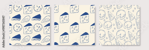 Cheese pattern set in blue ink on off-white background. Squares, wedges, and rounds in playful, hand-drawn style. Patterns repeat seamlessly across each panel. Ideal for packaging, menus