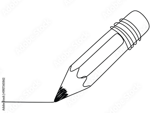 Continuous line drawing of a single sharp graphite pencil with an eraser creating a straight line on a white background symbolizing creativity and education