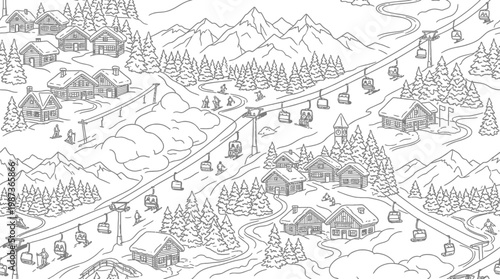 Seamless Pattern of Winter Ski Resort with Mountains, Chalets and Church, isolated white background