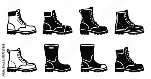 Durable black combat boots and stylish rain boots for rugged outdoor adventures and wet weather protection