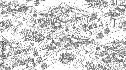 Seamless Pattern of Winter Landscape with Mountains, Forests, Houses and Ski Lifts, isolated white background