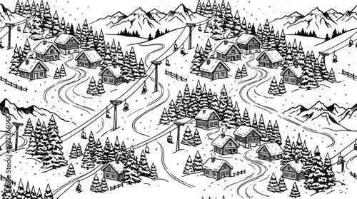 Seamless Pattern of Winter Ski Resort Landscape with Mountains and Chalets, isolated white background