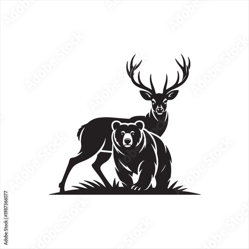 A wild deer head silhouette with elk antlers and bull head icon elements creates a brown winter reindeer vector illustration for Christmas nature design