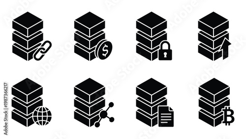 Isometric data blocks icons set for database management and secure cloud storage system technology