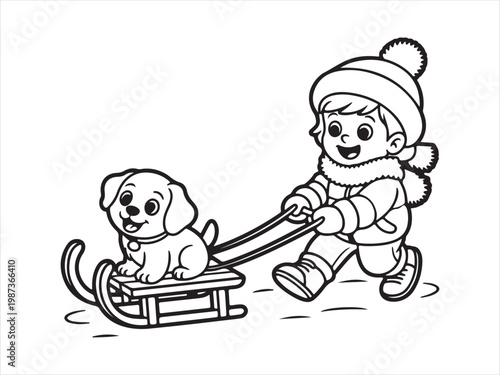 Cute little boy pulling puppy on sled in winter, kids cartoon line art vector illustration