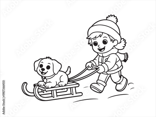 Cute little boy pulling puppy on sled in winter, kids cartoon line art vector illustration