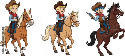 PrintCartoon Cowboy Riding Horses in Different Poses with Expressions, Animated Style with Gun and Action Poses