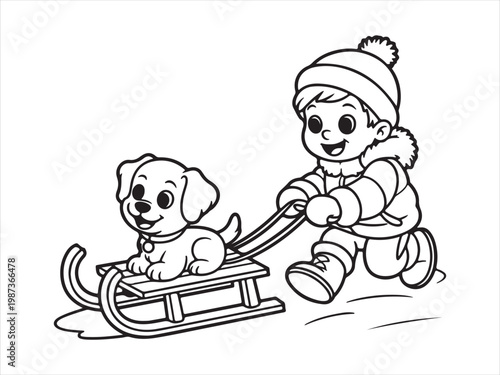 Cute little boy pulling puppy on sled in winter, kids cartoon line art vector illustration