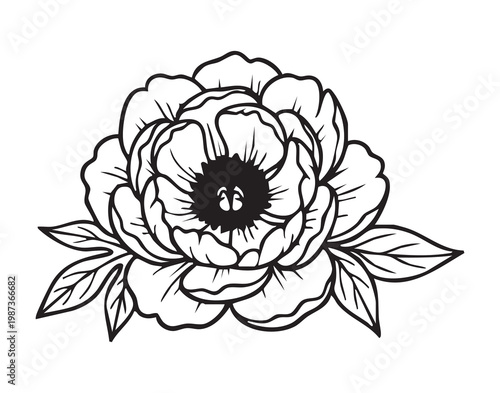 Black outline peony blossom detailed petals handdrawn floral illustration with bold ink lines, central stamen, layered petals, surrounding leaves, ornamental composition ideal for tattoo designs,